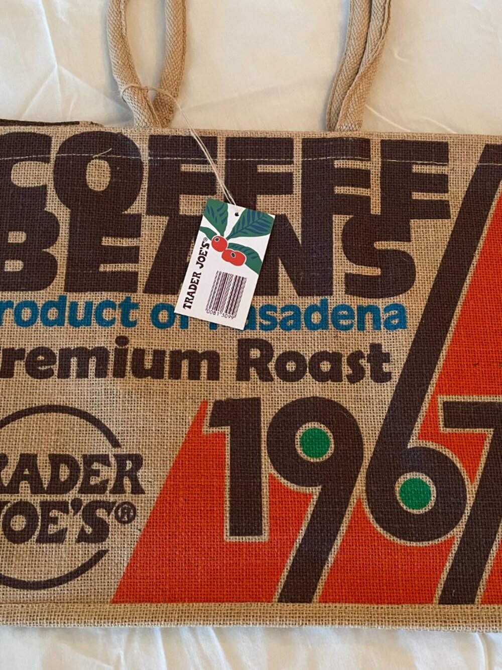 Brand new with tags Trader Joe's "Coffee Beans 1967" Jute Shoulder Tote Bag